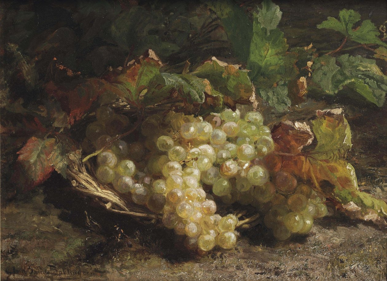 White Grapes in a Wicker Basket by Gerardina Jacoba van de Sande Bakhuyzen