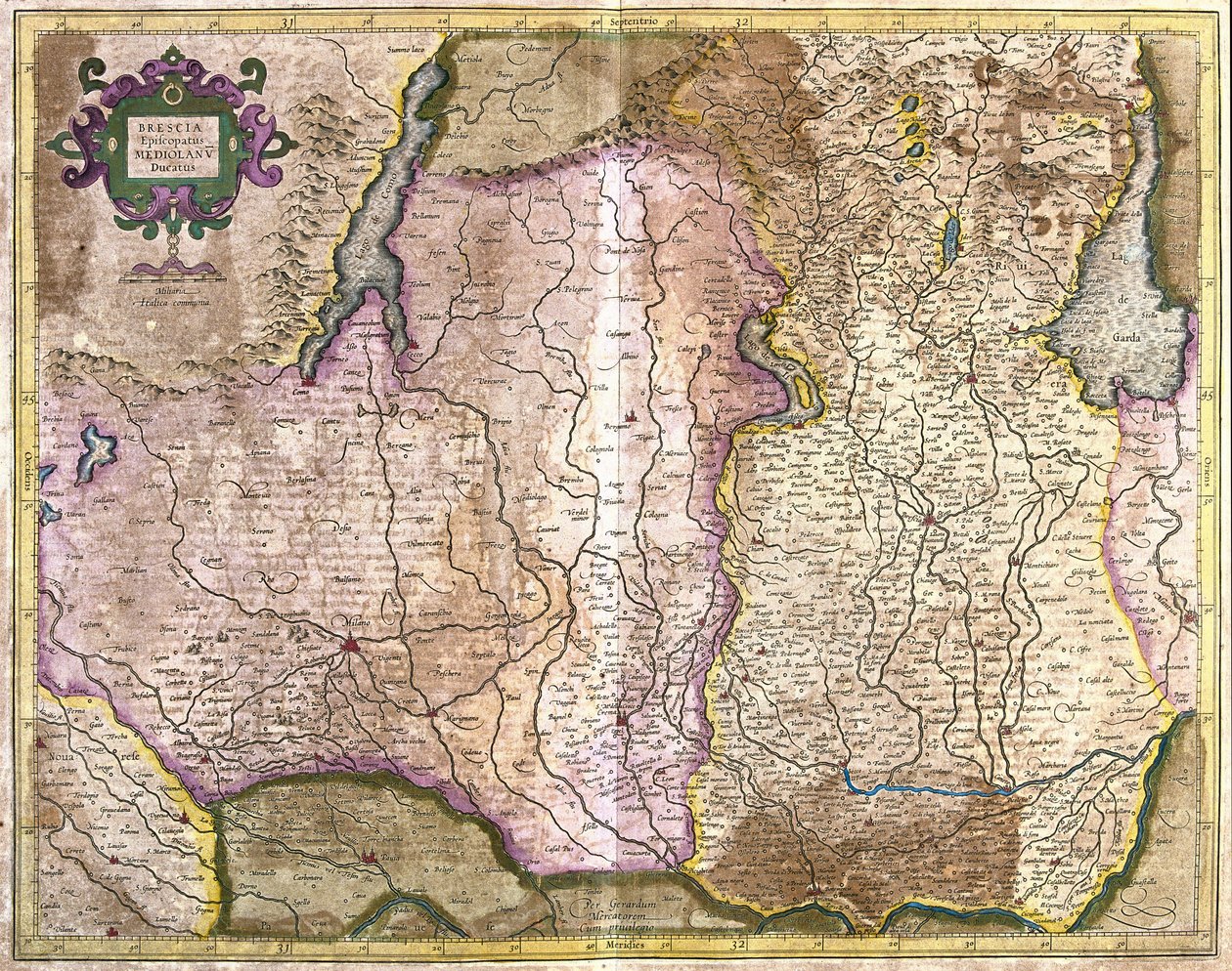 Brescia and Milan, Italy (engraving) by Gerardus Mercator