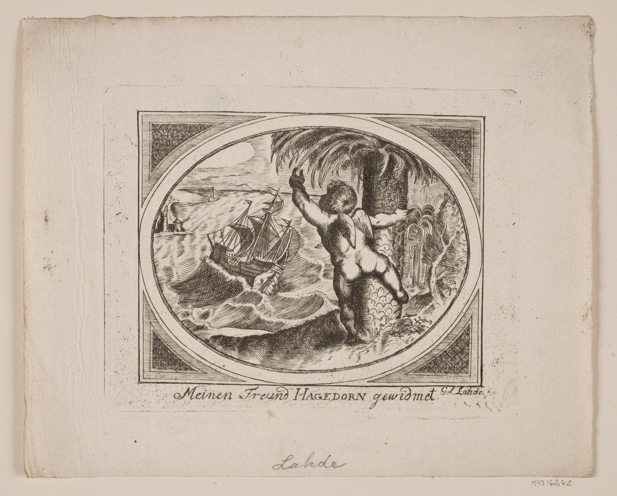Cupid by a Palm Tree, Pointing Over a Stormy Sea by Gerhard Ludvig Lahde