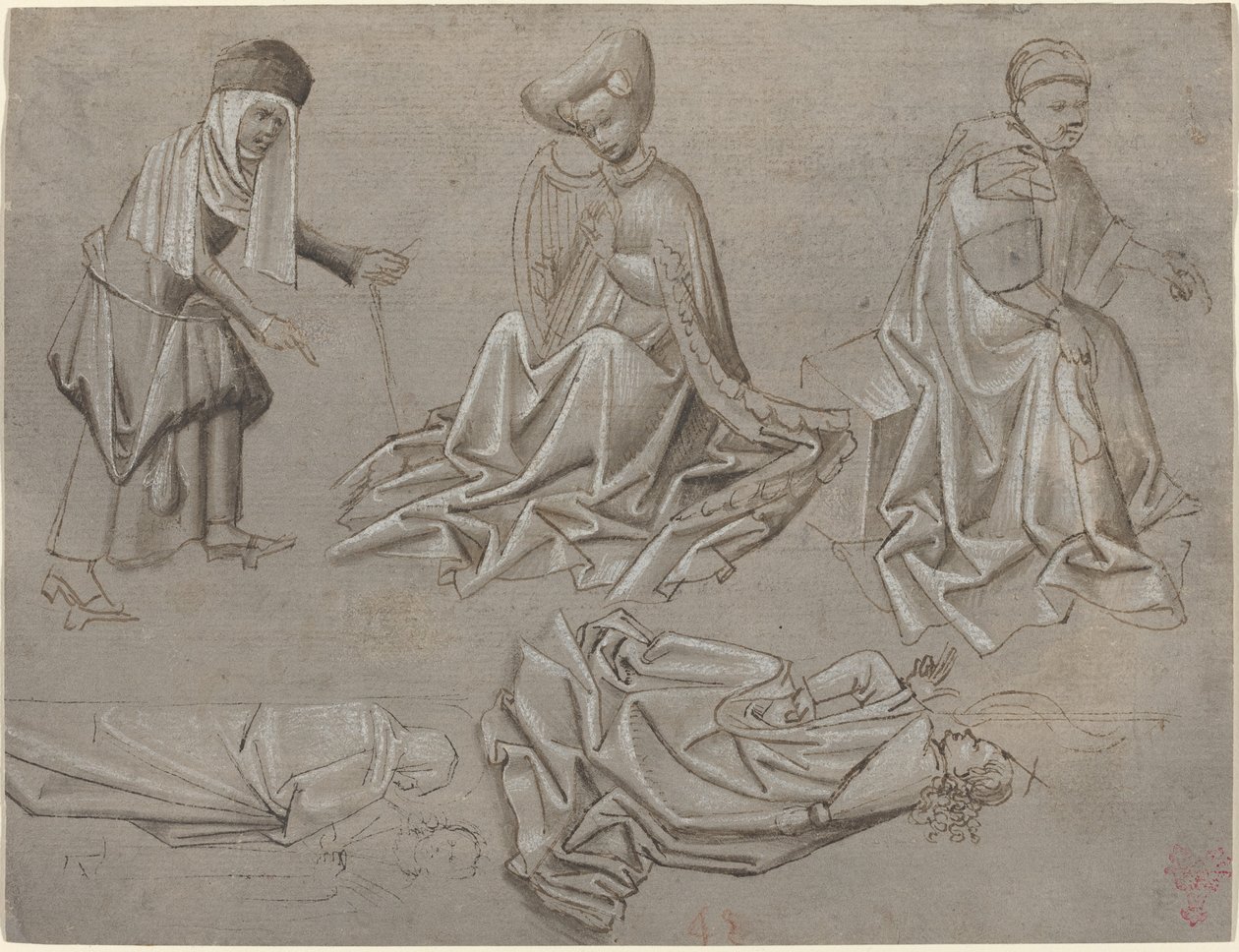 Studies for Six Figures (sheet from a model book) by German 15th Century
