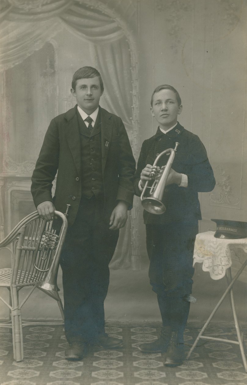 Postcard of Two Young Men with Trumpets, One in Salvation Army Uniform, Sent in 1913 by German Photographer