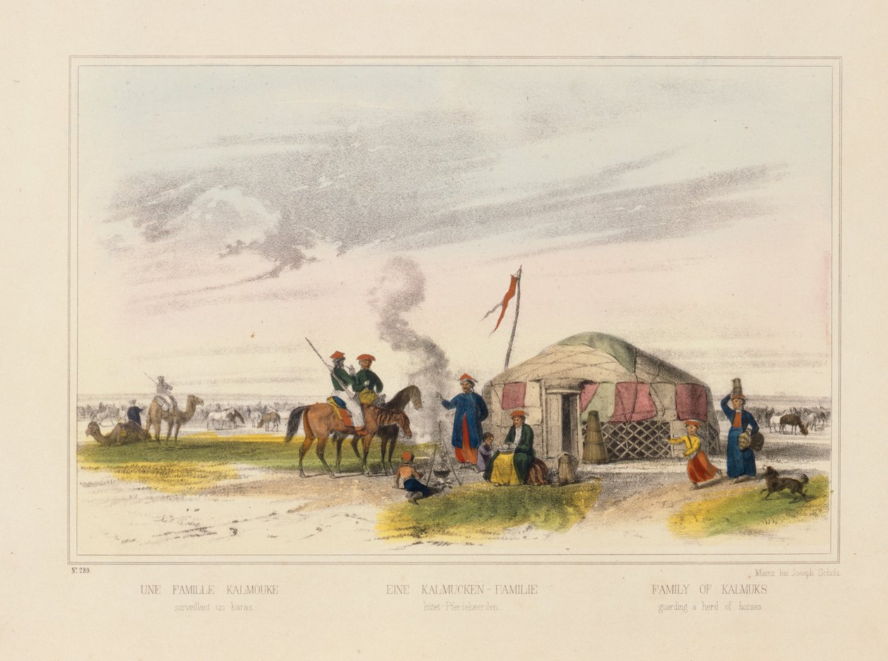 A Kalmyk (West Mongolian) Family Herding Horses, Pictorial Broadsheet Published by Joseph Scholz, Mainz, c.1860 by German School