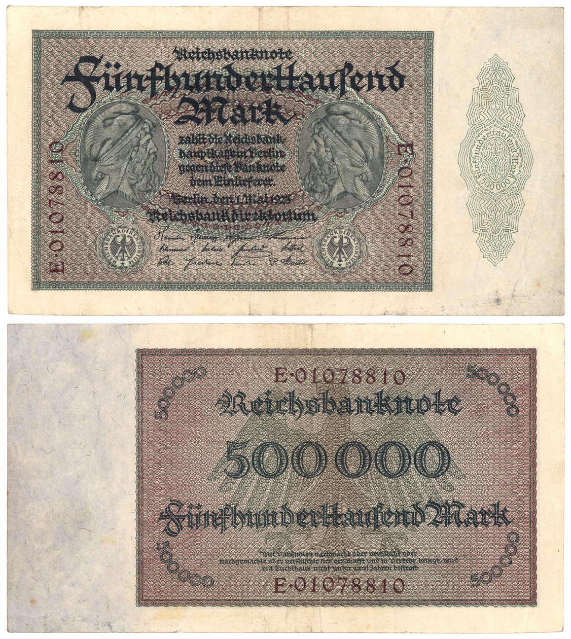 A Five Hundred Thousand Mark Banknote, 1923 (recto and verso) by German School