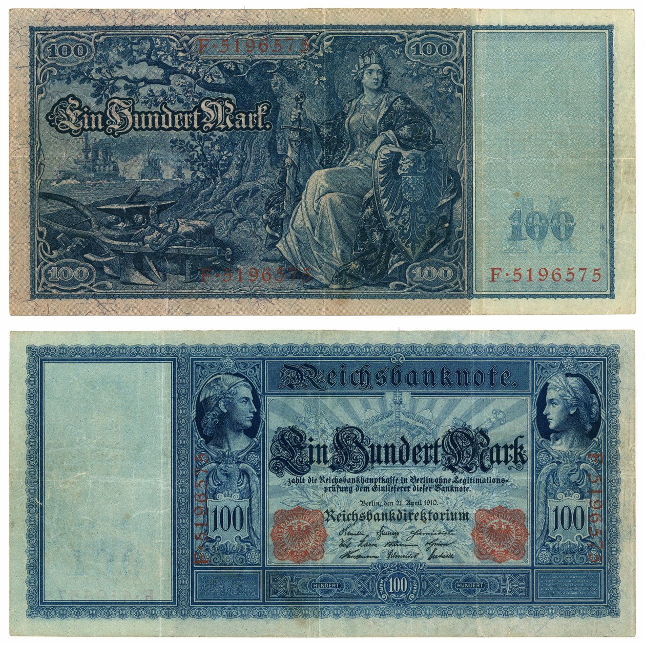 A One Hundred Mark Banknote, 1910 (recto and verso) by German School
