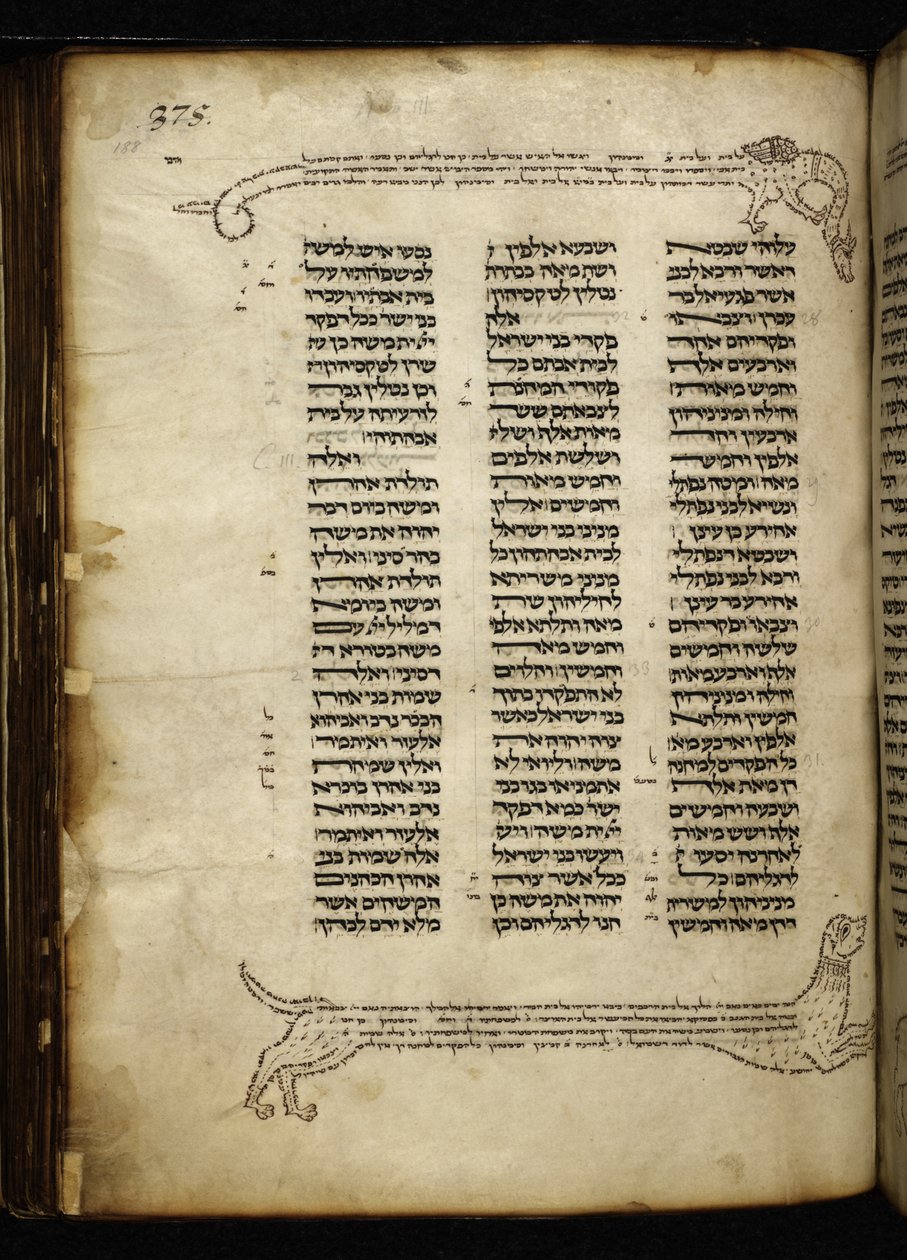 Add. 21160, f.188, Micrography of two dogs chasing a deer, tree with birds and a dragon, at Numbers (ch. 2-3) by German School