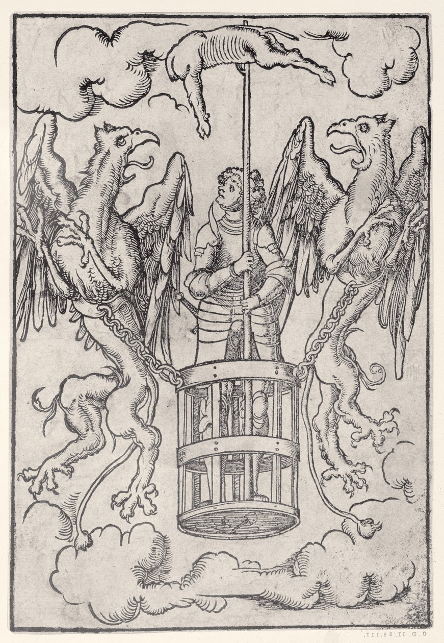 Alexander the Great carried into the air by two griffins by German School