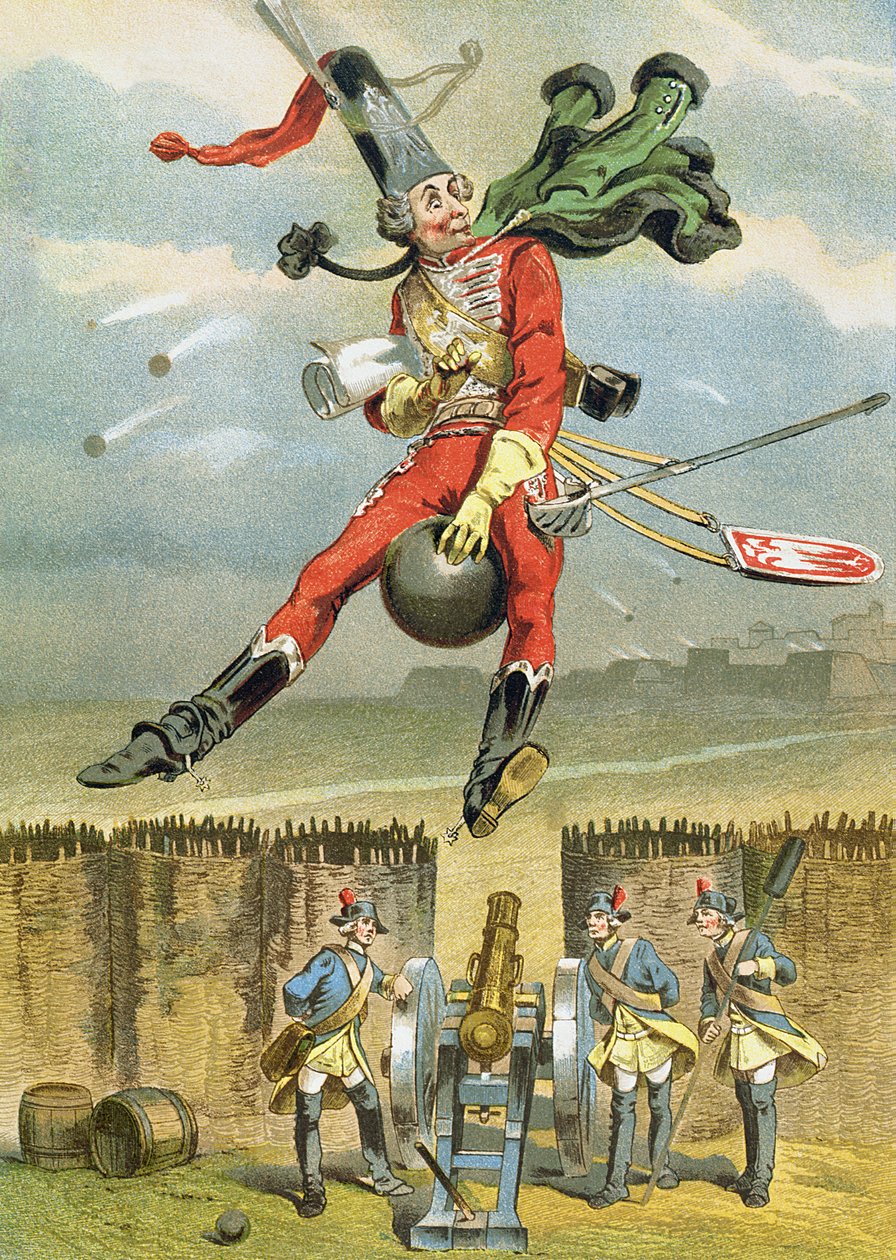 Baron Munchausen flying over the enemy lines on a cannon ball, illustration from a German edition of The Adventures of Baron Munchausen by German School