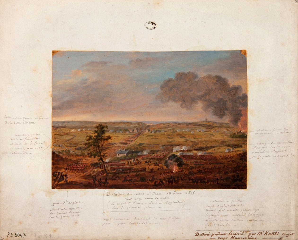 Battle of Mont-Saint-Jean, drawn and painted during the action by Major Kunts of the Hanoverian unit, 18th June 1815 by German School