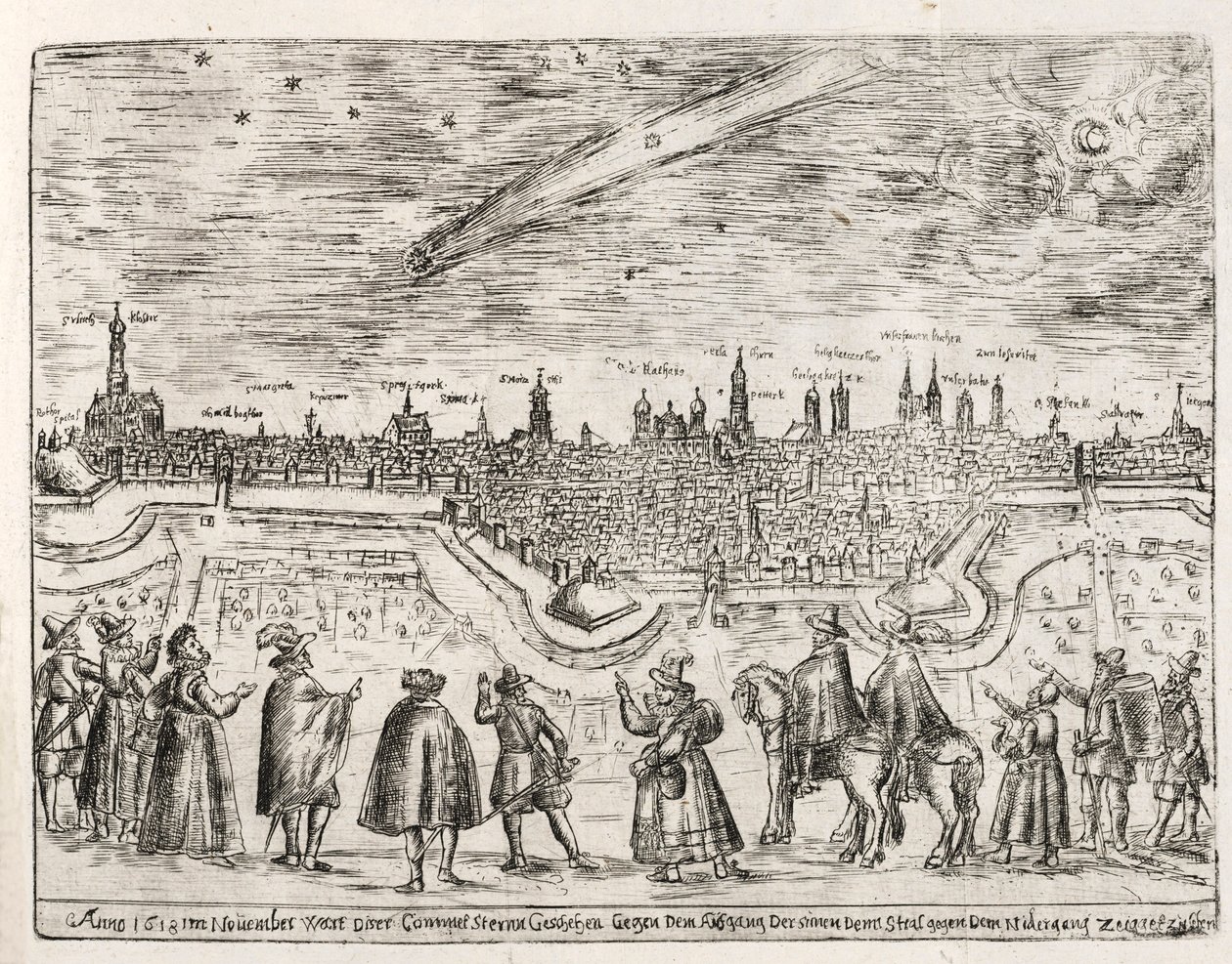 Comet seen over Augsburg end of November 1618, pub. 1618 by German School