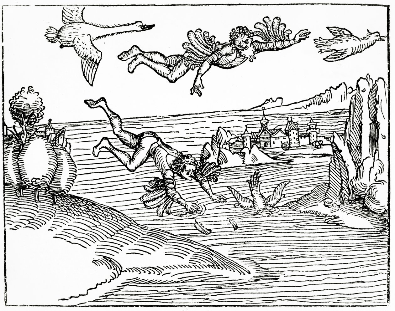 Daedalus, escaping from Crete with his son, Icarus, sees him falling to ...