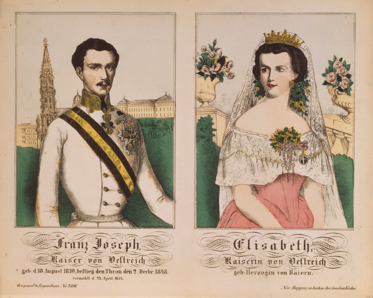Double Portrait of Emperor Franz Joseph I of Austria, and Empress Elizabeth, from Neuruppiner Bilderbogen, 1854 by German School