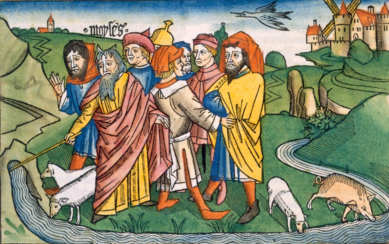 Exodus 17:1-7 Moses makes the water flow from the Rocks of Horeb, from the Nuremberg Bible by German School