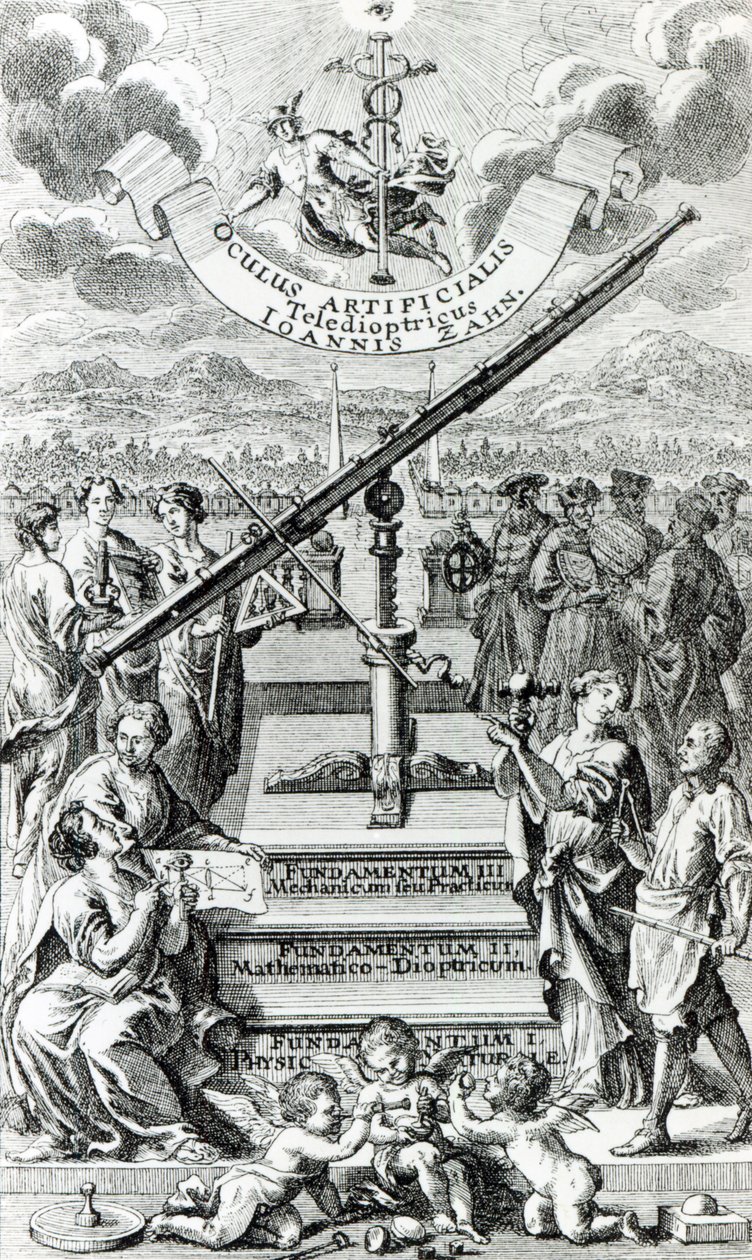 Frontispiece to Oculus Artificialis Teledioptricus Sive Telescopium by Johann Zahn, 2nd Edition Published in 1702 by German School