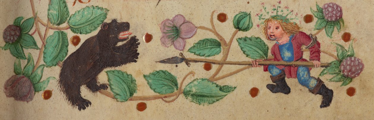 Garlanded Hunter on foot spearing a bear, c. 1475-1485 by German School