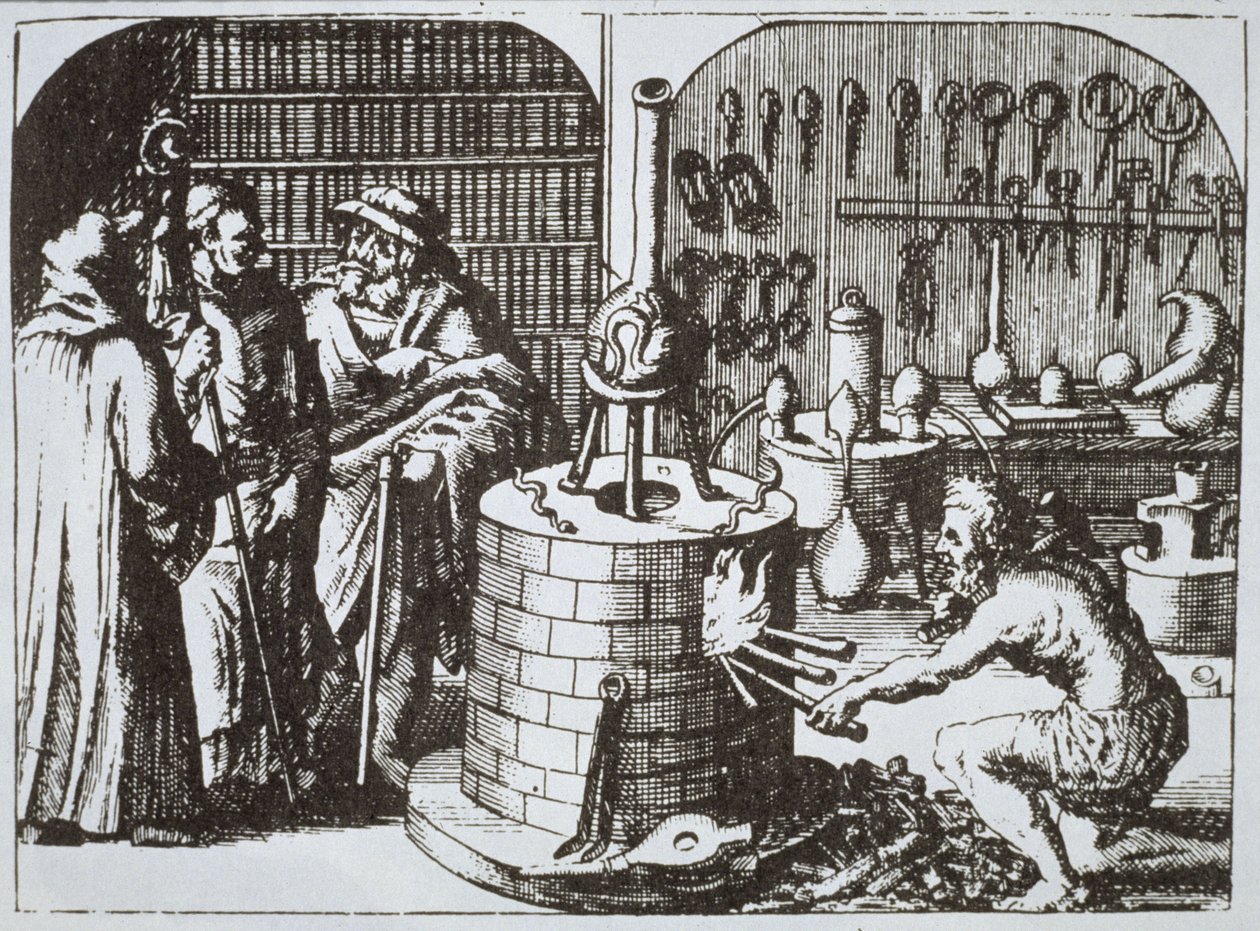 Hermetic Philosophers and an Alchemist, from Museum Hermeticum by Michael Majer, illustrated in a history of magic published late 19th century by German School