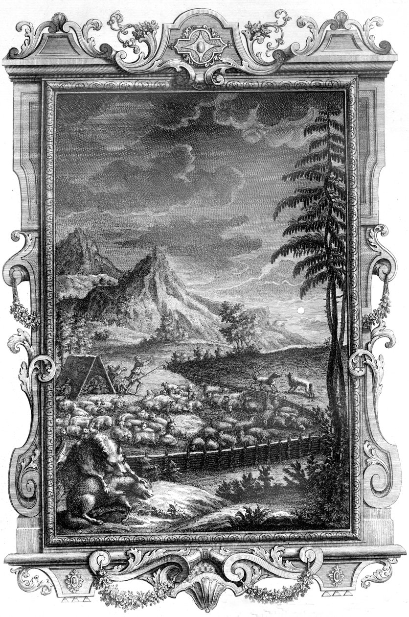 Jacob, the Faithful Shepherd, protecting his flock of sheep from the attack by wolves, 1731 by German School