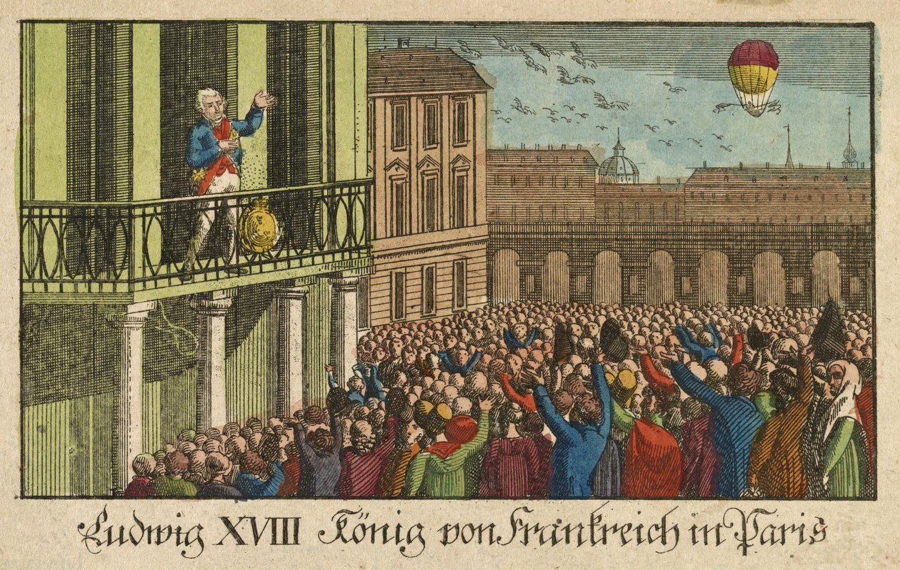 Louis XVIII King of France in Paris, pub. 1814 by German School