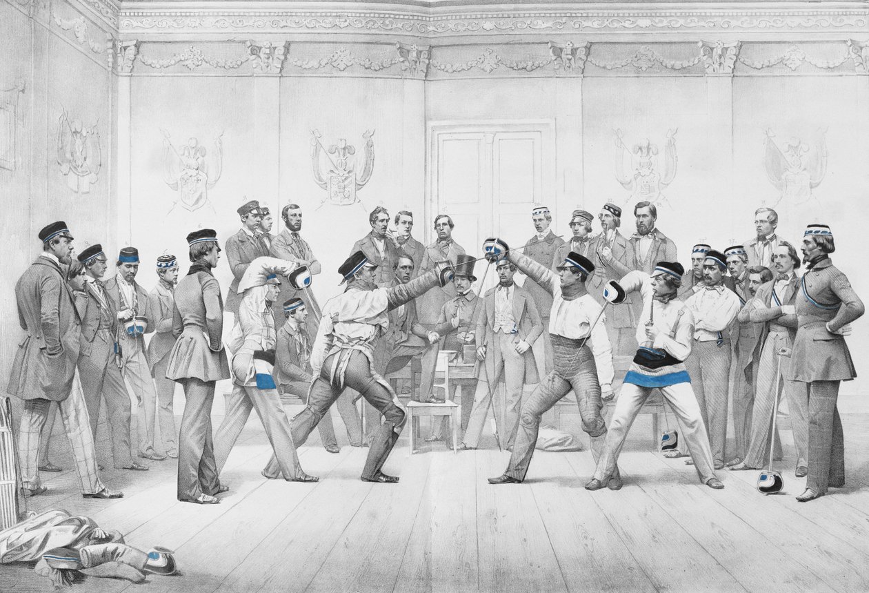 Mensuren or Student Members of the Duelling Society in Dresden in Their Blue, White and Black Uniform by German School