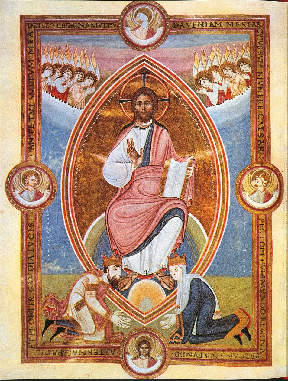 Miniature depicting blessing Christ within an almond-shaped aureola with Emperor Conrad II and Empress Gisela at his feet by German School
