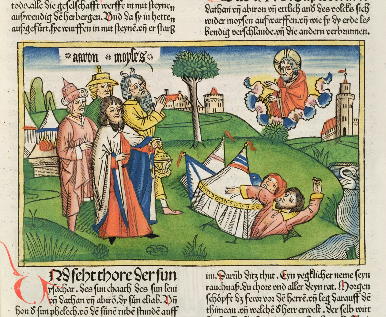 Numbers 16:32 The Earth swallows the rebels Dathan and Abiram, from the Nuremberg Bible by German School