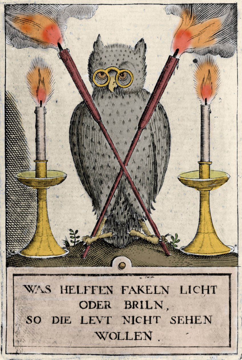 Owl with glasses, symbol of wisdom. Engraving of the 