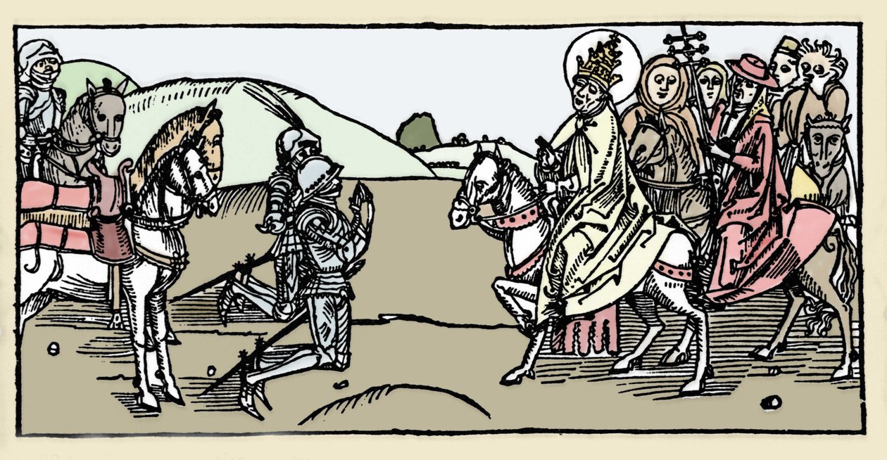Pope Leon I meets Attila and the Arrete - Barbarian Invasions - Engraving from 