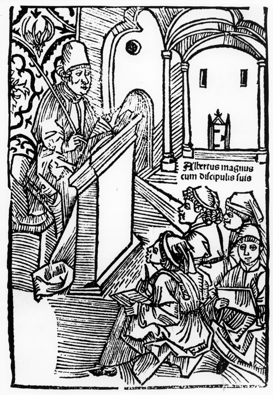 Portrait of Albertus Magnus with some of his pupils, illustration for the title page of Epitomata, reparations, or the whole of natural philosophy of Aristotle by Gerardus de Harderwyck, published 14 by German School