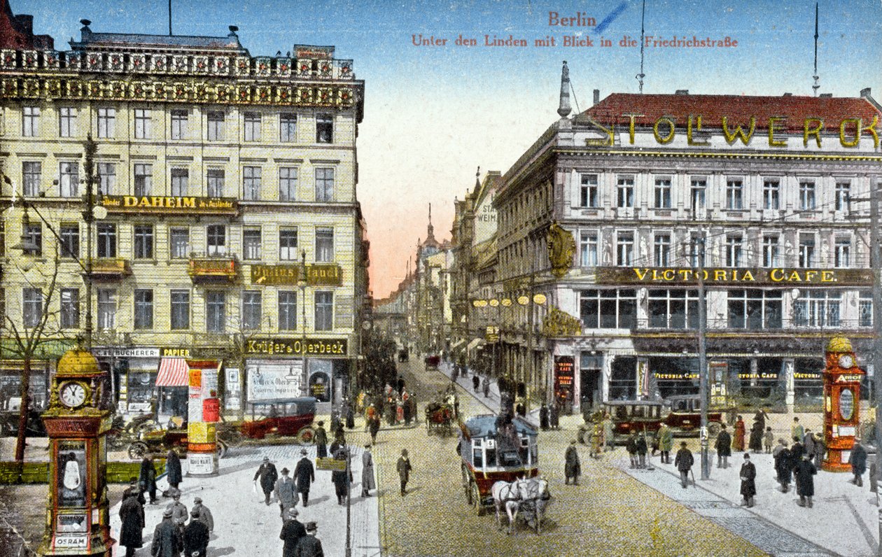 Postcard depicting the Unter den Linden and the Friedrichstrasse in Berlin, c.1910 by German School