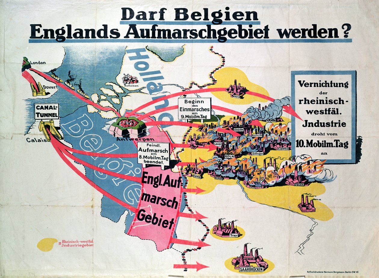 Poster Expressing German Anxiety over the Proposed Construction of a Channel Tunnel Linking Belgium and England, c.1914-18 by German School