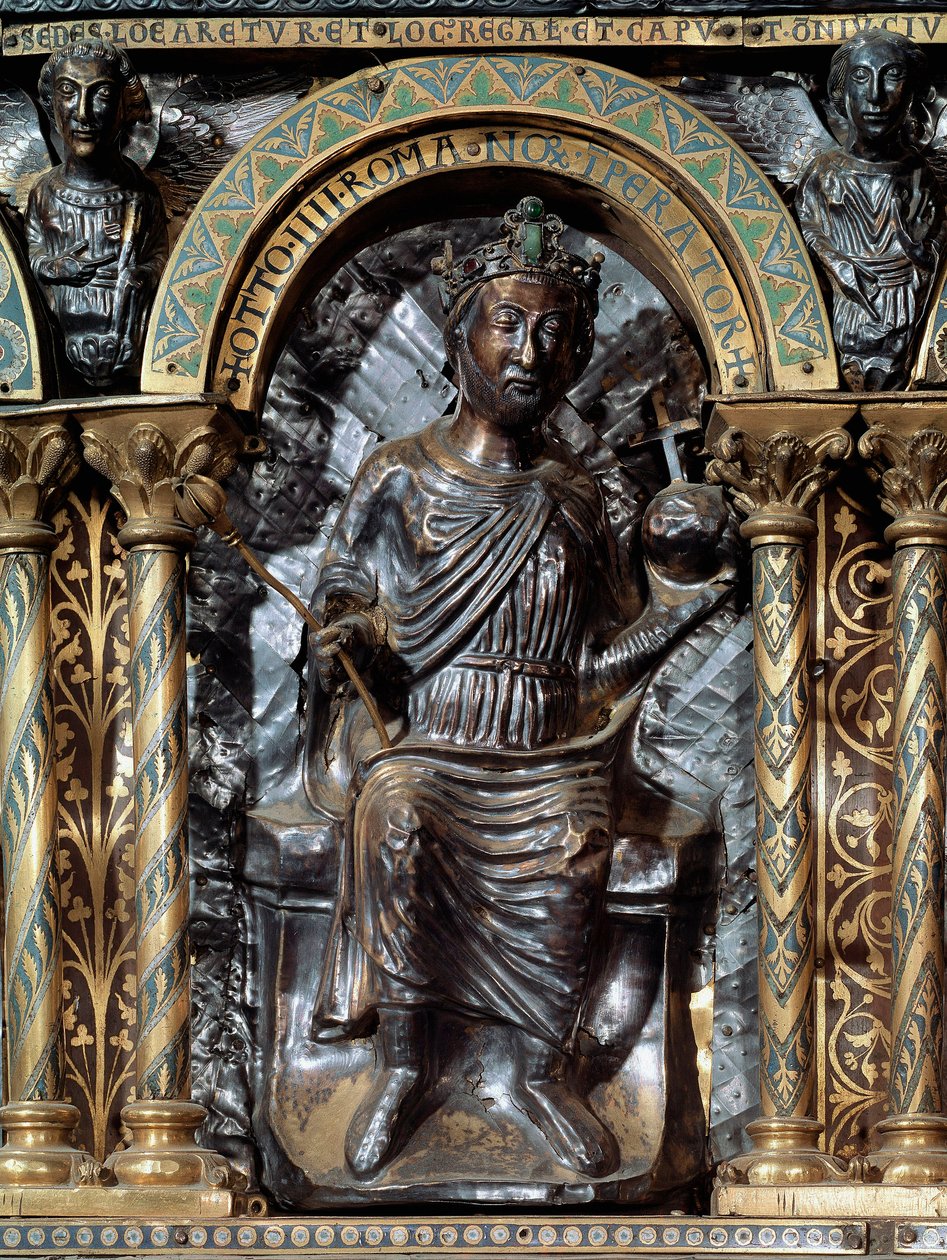 Sarcophagus of Charlemagne (742-814). Representation of Emperor Otto IV of Brunswick (c. 1175-1218). Germany. Palatine Chapel of the Cathedral of Aachen by German School