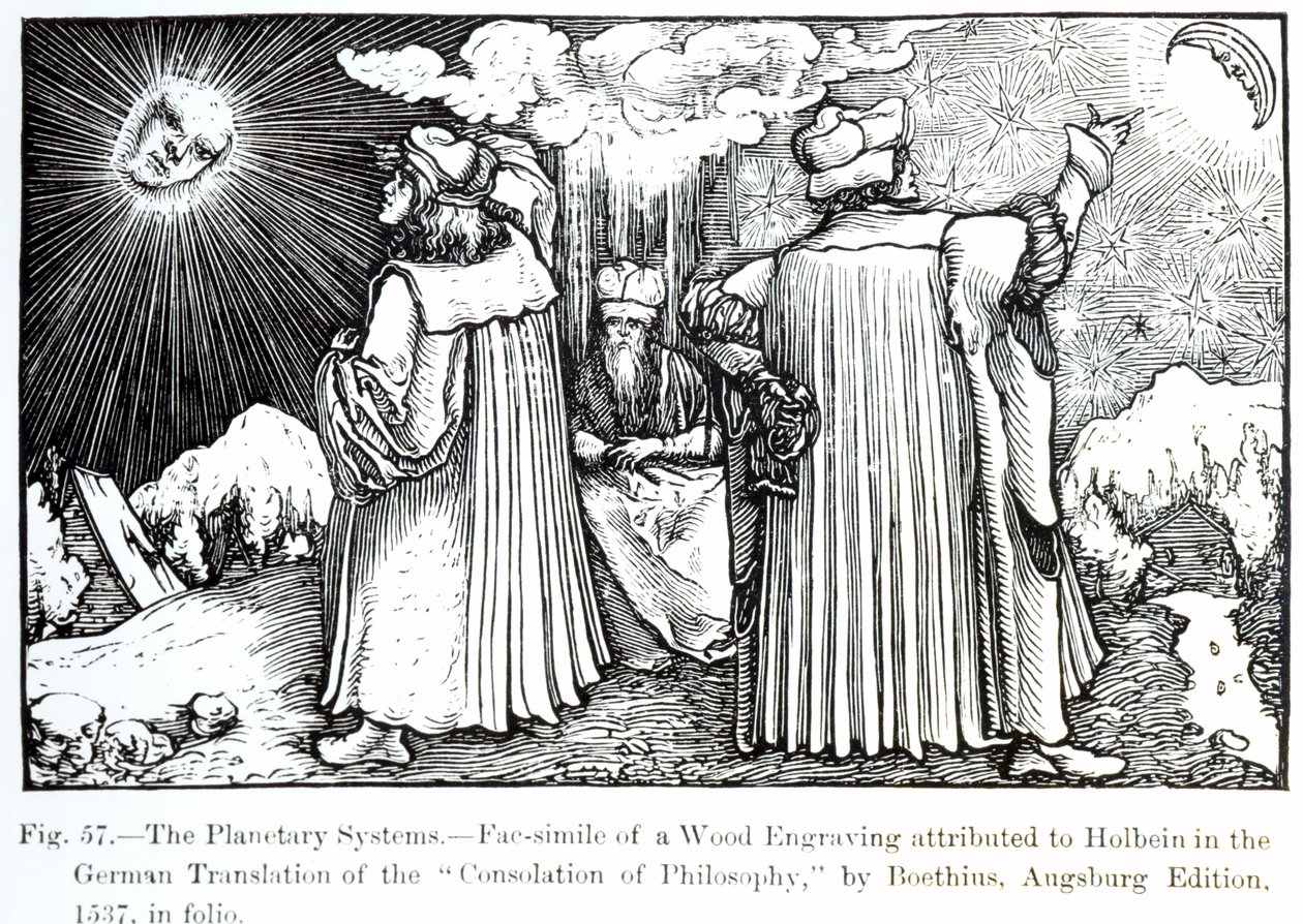 The Planetary Systems, from The Consolation of Philosophy by Boethius, published in 1537, illustration from Science and Literature in The Middle Ages and Renaissance, written and engraved by Paul Lacroix by German School