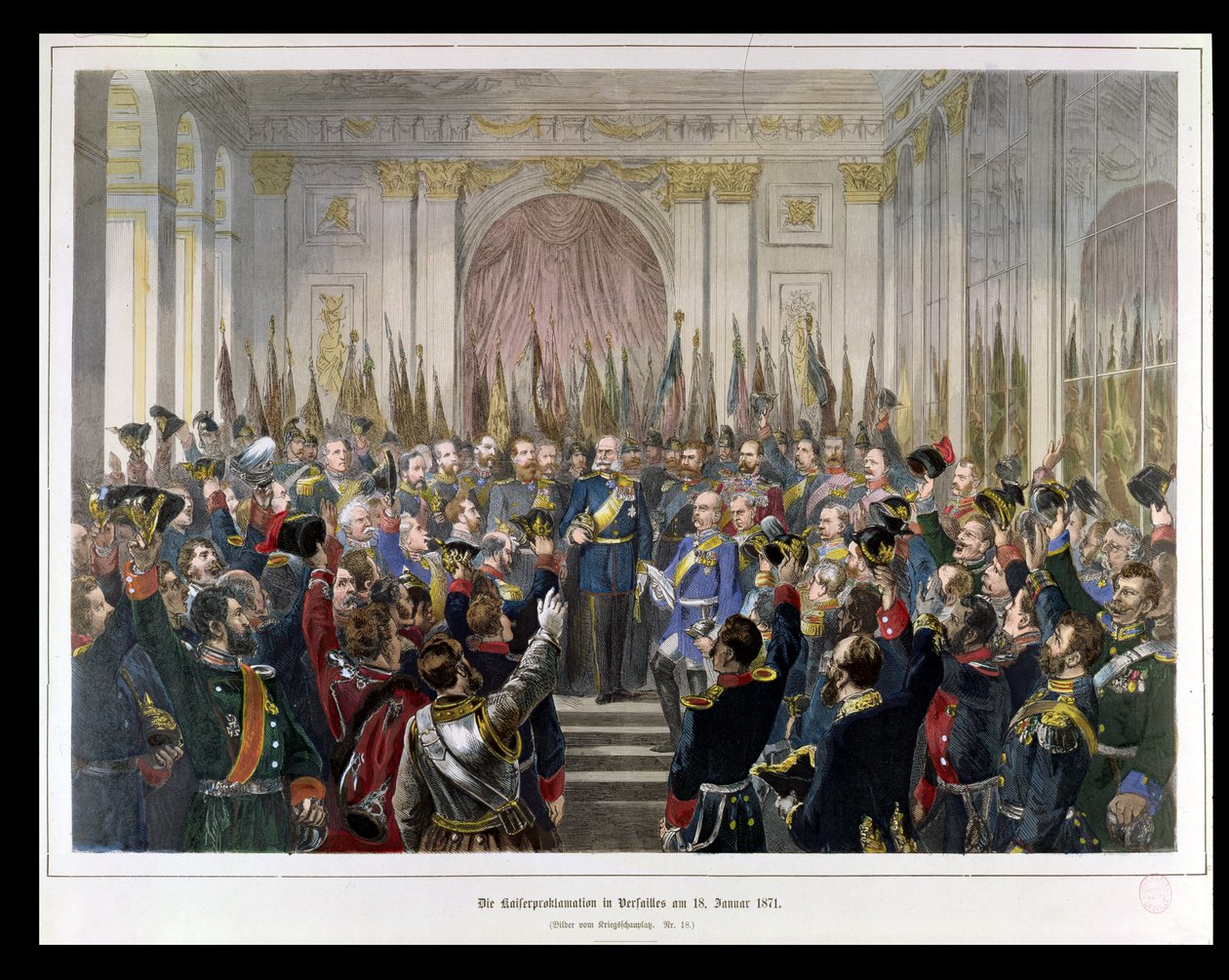 The Proclamation of Wilhelm as Kaiser of the new German Reich, in the Hall of Mirrors at Versailles on 18th January 1871, 1871 by German School