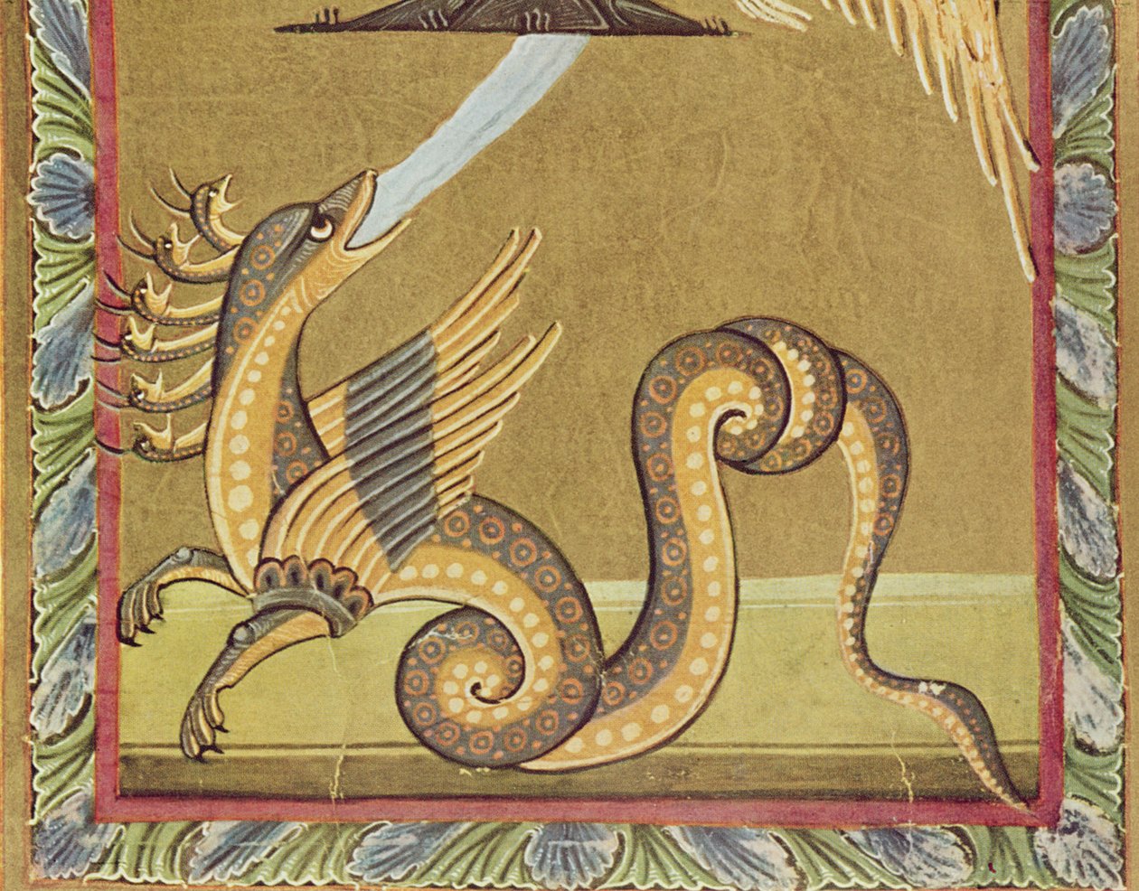 The seven headed dragon attempts to harm the woman by spewing out a torrent of water, facsimile of the Bamberg Apocalypse by German School
