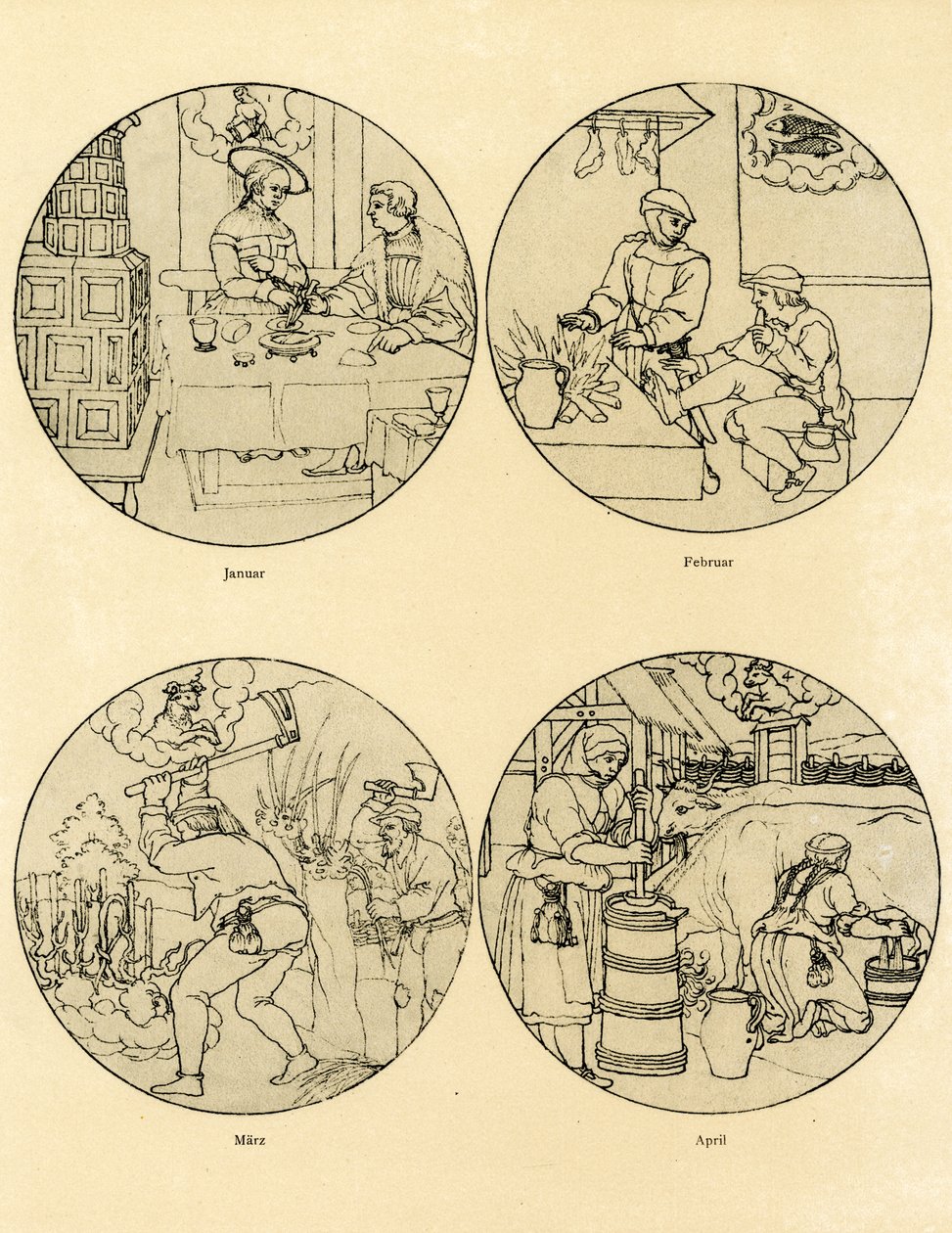 Twelve calendar images in a circular shape by German School