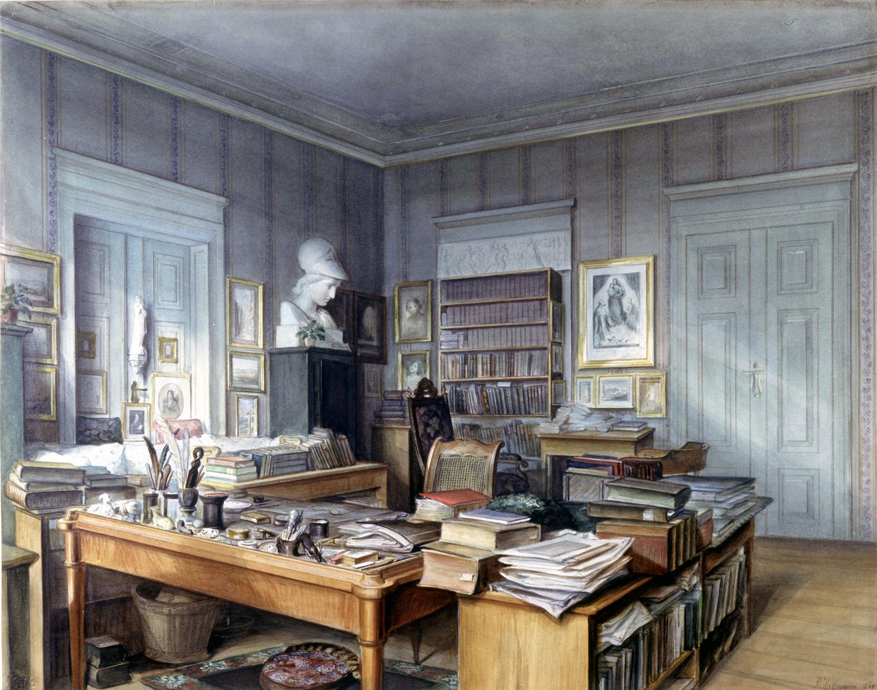Workroom of Wilhelm Grimm in Berlin, 7 Linkstrasse. Engraving by Mr. Hoffmann. Nationalmuseum, Nuremberg. 1860 by German School