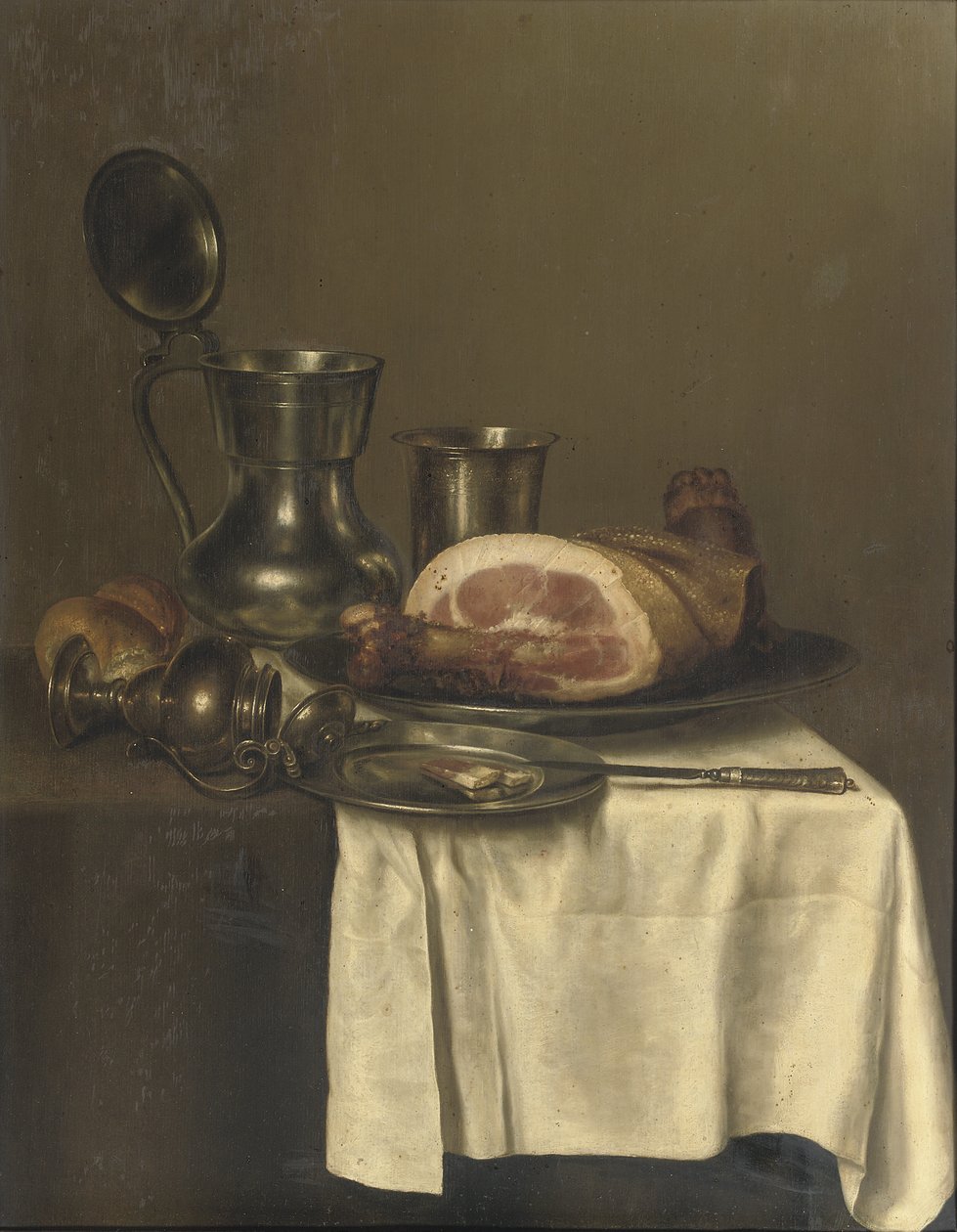 Still Life with Pewter Jug, Silver Cup, Ham on a Silver Plate, Knife on a Pewter Plate and a Roll of Bread by Gerret Willemsz Heda