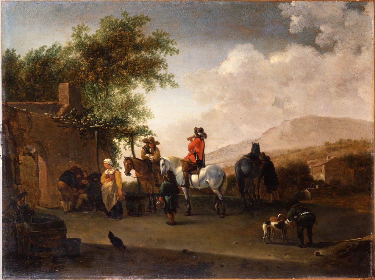 Travellers on horseback taking refreshment on a mountain pass, in an Italianate landscape by Gerrit Adriaensz Berckheyde