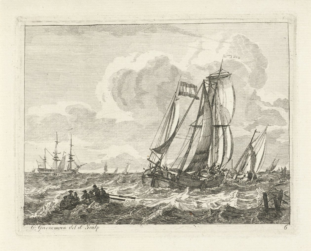 Sailing Ships and a Rowboat on Open Water by Gerrit Groenewegen