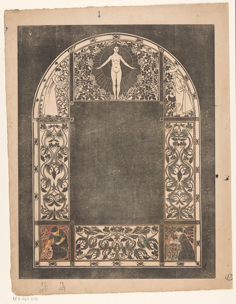 Design for the frame of a calendar for 1901 with women and flowers by Gerrit Willem Dijsselhof