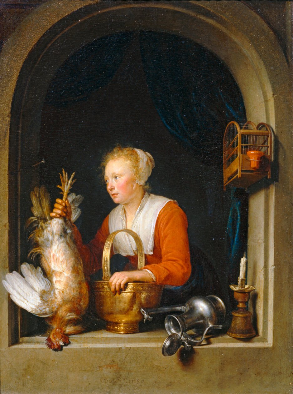 Woman Hanging a Rooster in Her Window, also called The Dutch Housewife by Gerrit or Gerard Dou