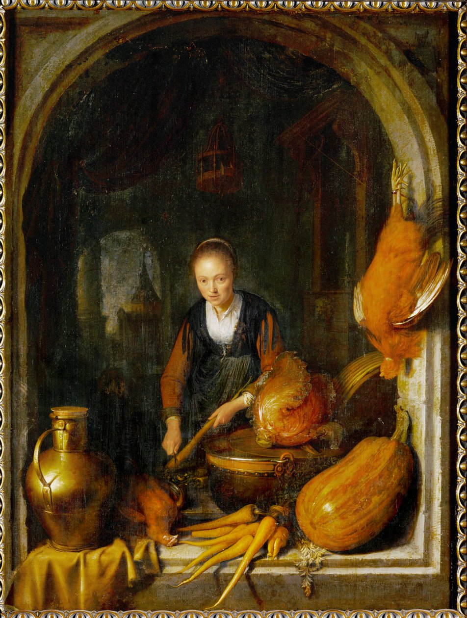 Young Woman Preparing Food by Gerrit or Gerard Dou