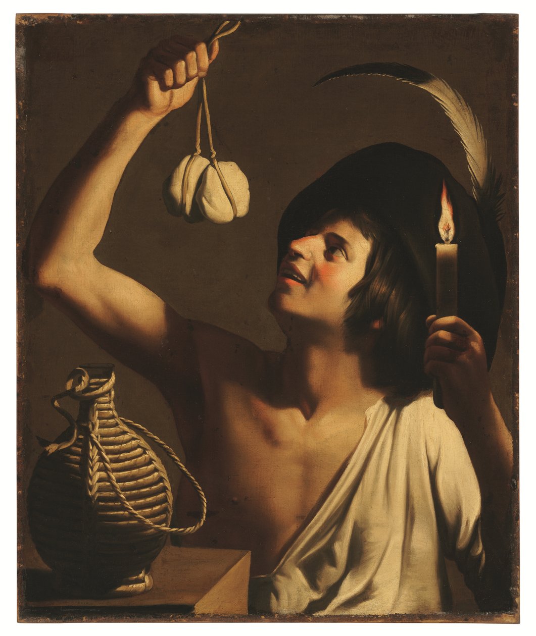 A Young Man Holding a Burning Candle and a Scamorza Cheese, a Fiasco Bottle Beside Him by Gerrit van Honthorst