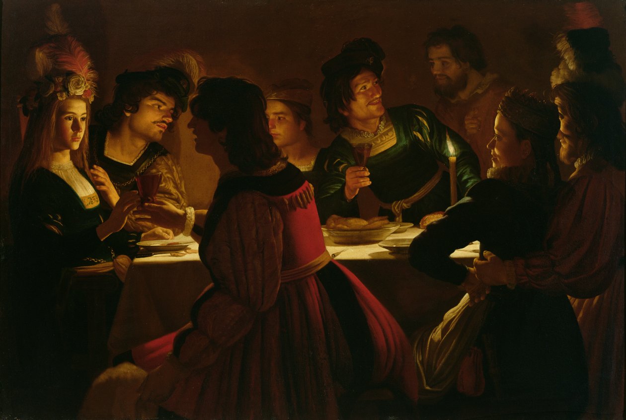 Feast Scene with a Young Married Couple by Gerrit van Honthorst
