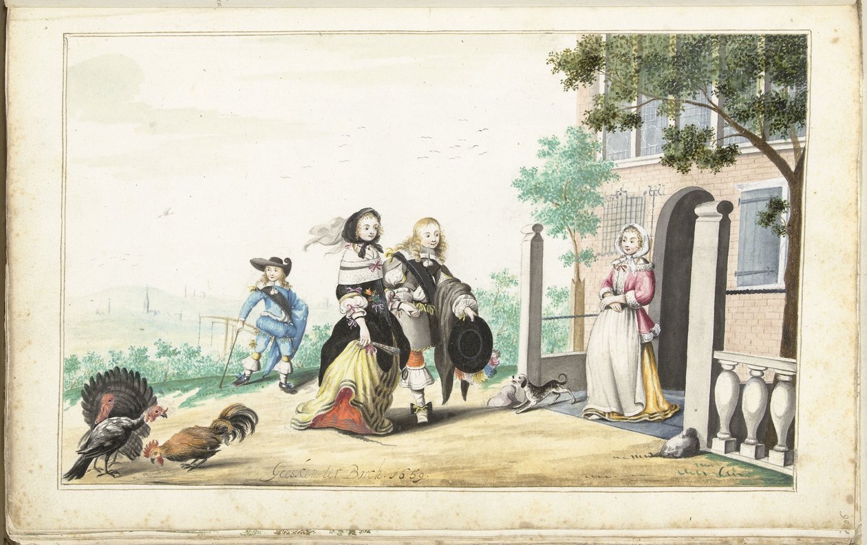 Couple Greeting a Lady at the Door of a Country House by Gesina ter Borch (signed by artist)