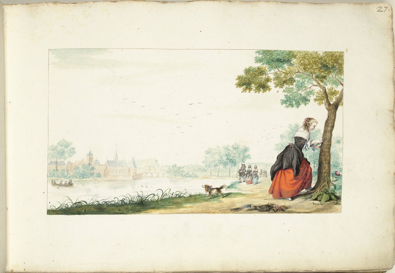 Woman Carving Names into a Tree by Gesina ter Borch (signed by artist)