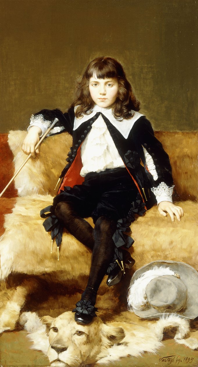 Portrait of a Boy, Seated Full Length, on a Sofa Draped with a Lion Skin by Geza Vastagh