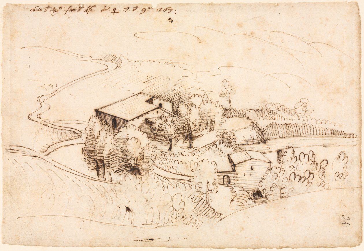 Farm with Trees in a Hilly Landscape (recto) by Gherardo Cibo