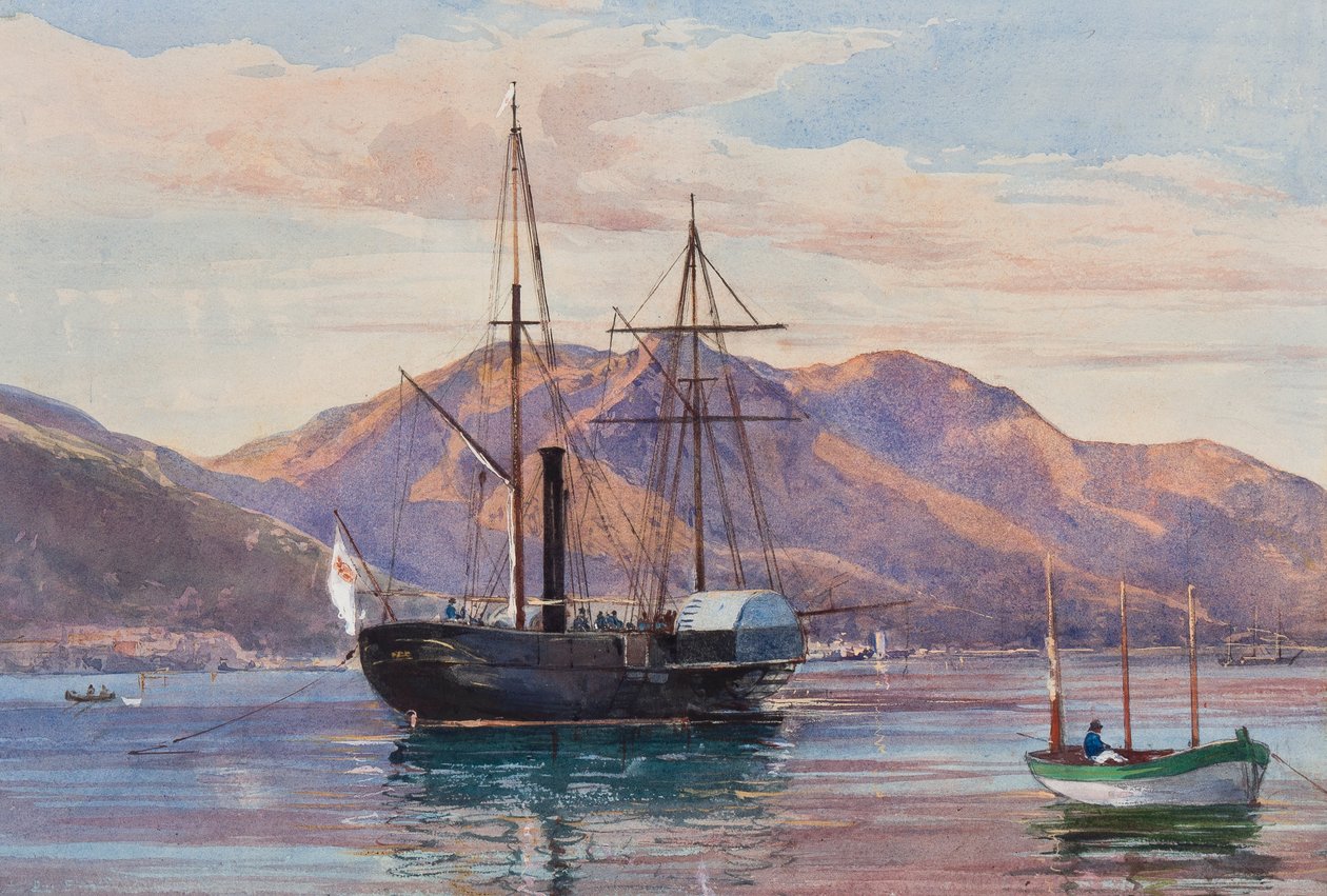 Gaeta: A Steam Frigate, Possibly the Royal Steamship Delfino or Archimede Flying the Borbone Flag, with Additions by a Borbone Pupil, Possibly Princess Maria Annunziata di Borbone (1843-1871) by Giacinto Gigante
