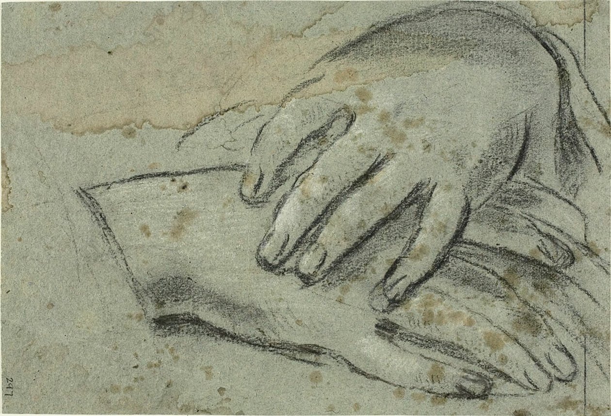 Crossed Hands; Right Foot, Partially Covered by Drapery by Giacomo Cavedone