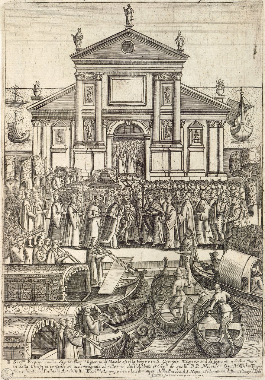The Doge and his entourage listening to the vesper on Christmas Day in San Giorgio Maggiore Church in Venice by Giacomo Franco